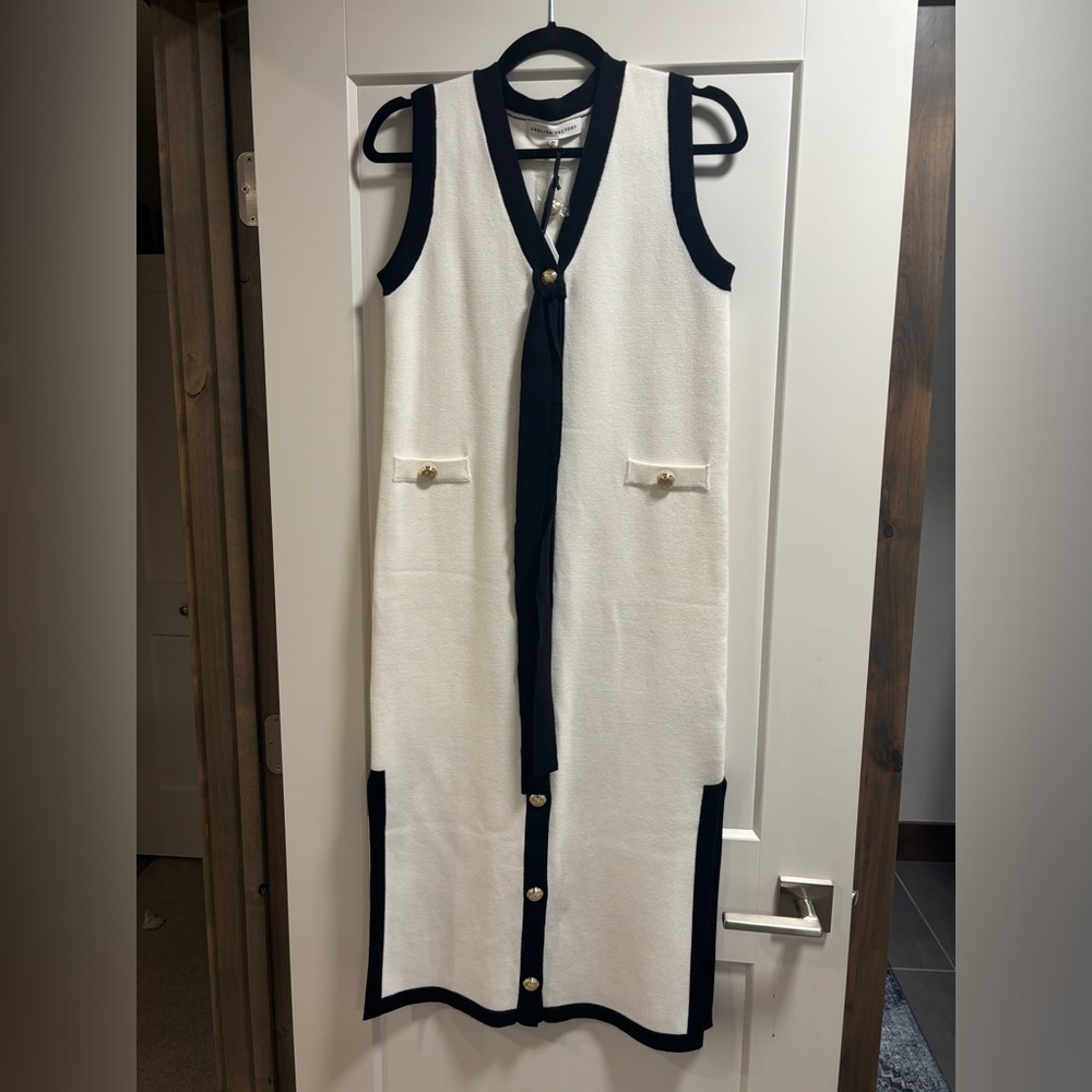 NWT English Factory White and Black Trim Dress with Gold Buttons and Tie XS